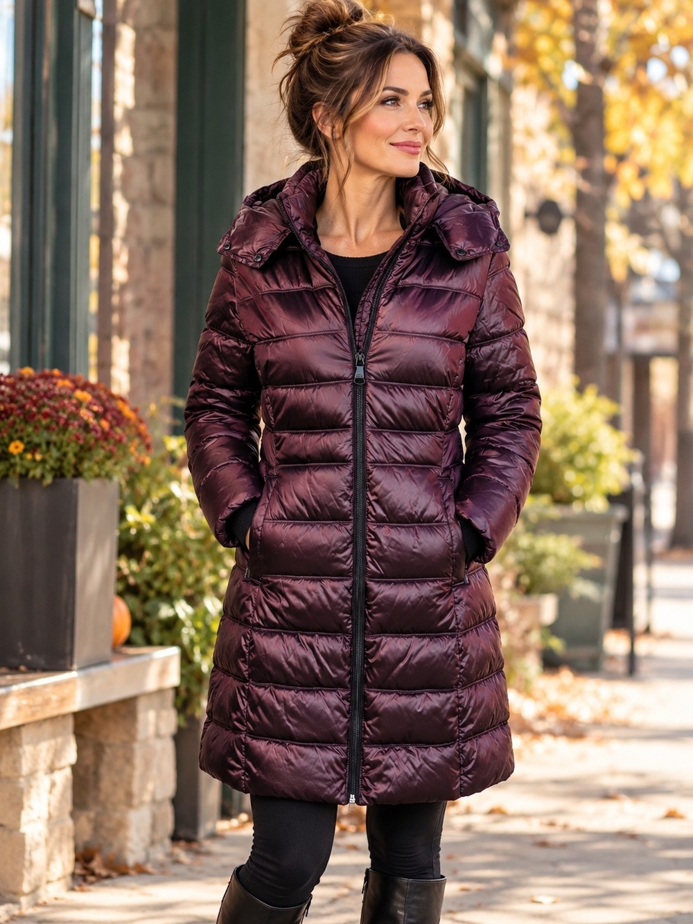 Calvin Klein Sorona Aura Long Puffer Coat Burgundy Hooded Winter Jacket